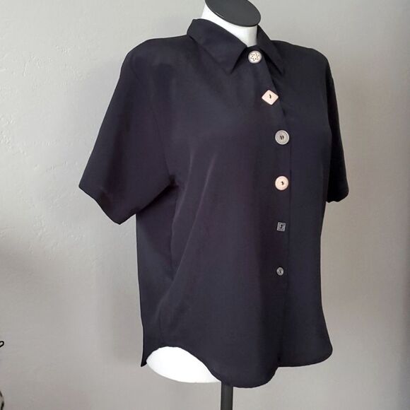 Womens Vintage 80s button down black Top 12 - Picture 3 of 9